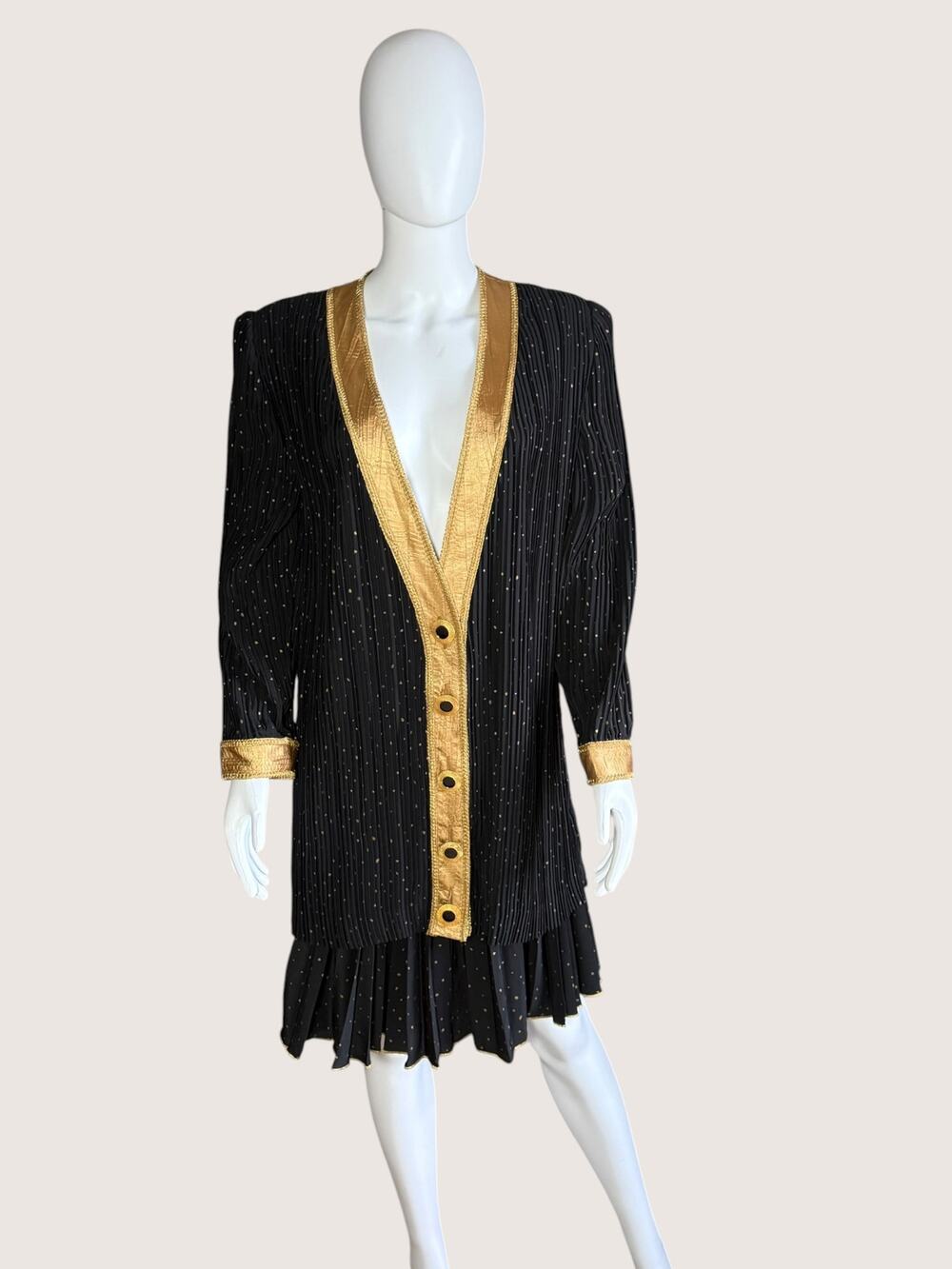 Vintage Black Gold Metallic Pinstripe Jacket Skirt Suit Set